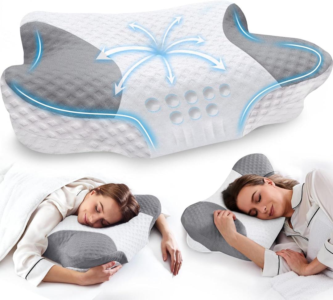 Cervical Neck Pillows with Memory Foam - Neck Pillows for Pain Relief Contour Memory Foam Pillows Ergonomic Neck Support - Adjustable Adjustable Orthopedic Bed Pillows for Sleeping (Standard, White Grey)