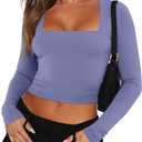 REORIA Long Sleeve Shirts for Women 2024 Fall Fashion Square Neck Basics Y2K Crop Tops Layering Slim Fitted Top, XS