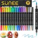 SUNEE 36 Colors Acrylic Paint Markers, 18 Pack Brush Tip Paint Pens with Automatic Ink Control System, Art Supplies for Adults & Teens, for Rock, Wood, Canvas, Glass Creative Projects