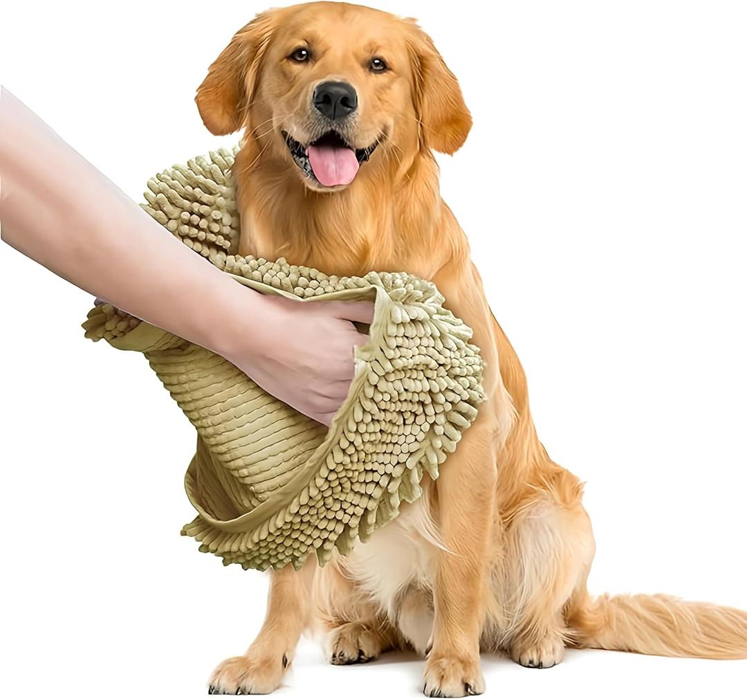 Muddy Mat Doggy Dryer, Highly Absorbent Microfiber Washable Dog Shammy Quick Drying Towel Absorber - Extra Soft Plush Wrap Chenille Bath Towels to Dry Soggy Large Pets & Small Puppy-Beige 15"x38"
