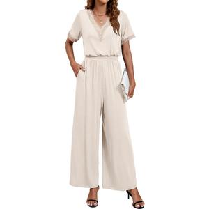 BMJL Womens Jumpsuits Dressy Lace V Neck Business Casual Outfits One Piece Wide Leg Summer Rompers,L