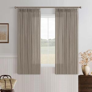 Pinch Pleated Linen Curtains 54 Inch Long for Kitchen with Rings Hooks Back Tab Light Filtering Farmhouse Short Semi Sheer 54 Inch Curtain for Dining Room Bedroom Small Window Burlywood Birch W50xL54