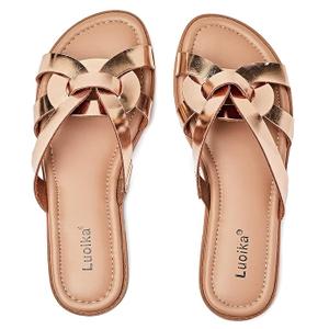 Luoika Women's Wide Width Flat Slides Sandals, Slip on Slide Sandal Casual Comfortable Summer Beach Shoes for Women. 11.5W