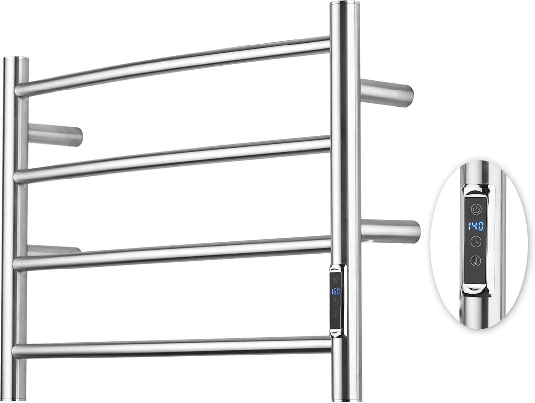 Heated Towel Racks for Bathroom, Wall Mounted Electric Towel Warmer Racks with Timer & Temperature Control, Stainless Steel Towel Heater for Bathroom, Brushed (Round-Brushed Silver, 4 Bars)