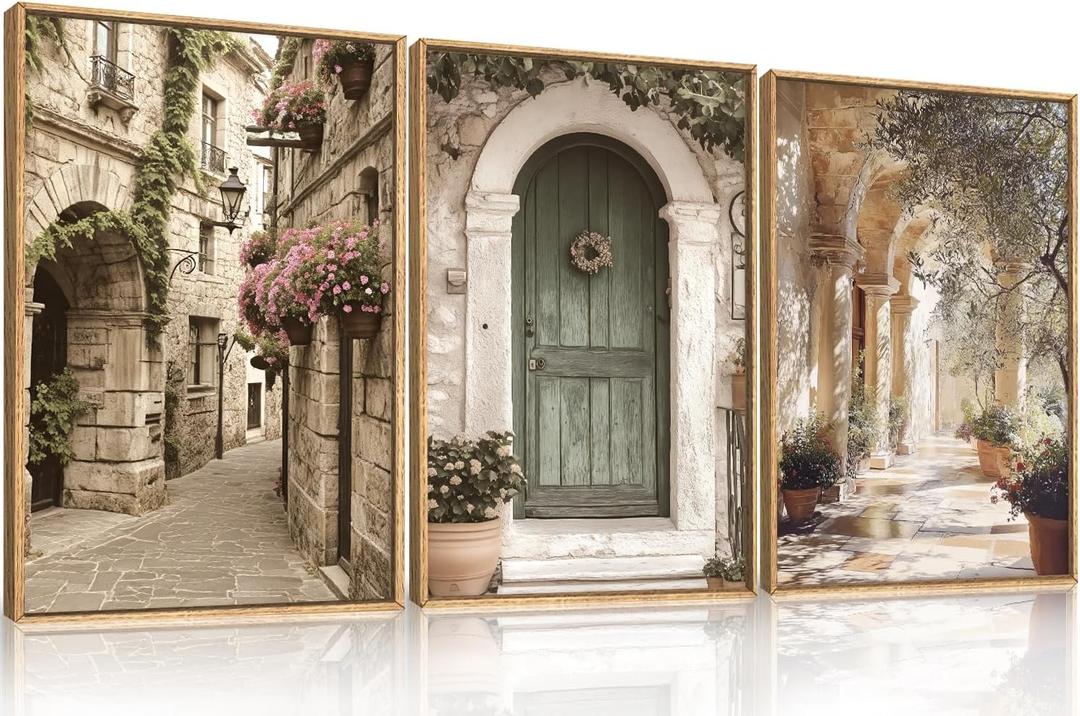 European Flower Street Framed Canvas Wall Art Set,Natural Architecture Travel City Landscape Wall Decor,Vintage Neutral Archway Cityscape Artwork for Living Room,Bedroom,Farmhouse-24 x36 x3