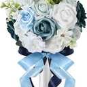 Wedding Bouquet,Fake Wedding Bouquets for Bride Bridesmaid Dusty Blue Flower Bouquet Artificial Flowers Artificial Roses Flowers with Ribbon Bow,White Bouquets Bride Decorations