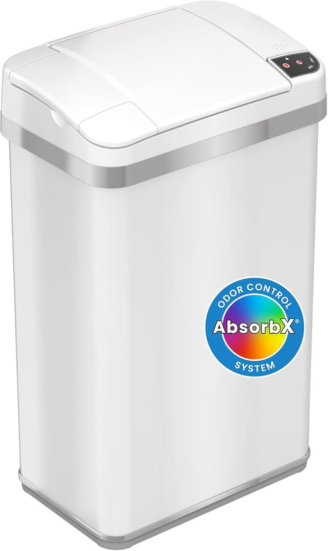 iTouchless 15 Liter / 4 Gal Sensor Bathroom Trash Can with Lid and AbsorbX Odor Filter, White Stainless Steel Small Waste Basket, Includes Air Freshener Fragrance Pack, Home Office Bedroom Livingroom