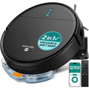 SereneLife Automatic Robot Vacuum Cleaner and Mop Combo, App Control, 3 Cleaning Modes, Smart Anti-Fall Sensors, Self-Charging, High Suction Ideal for Pet Hair, Carpet and Hard Floors, Black