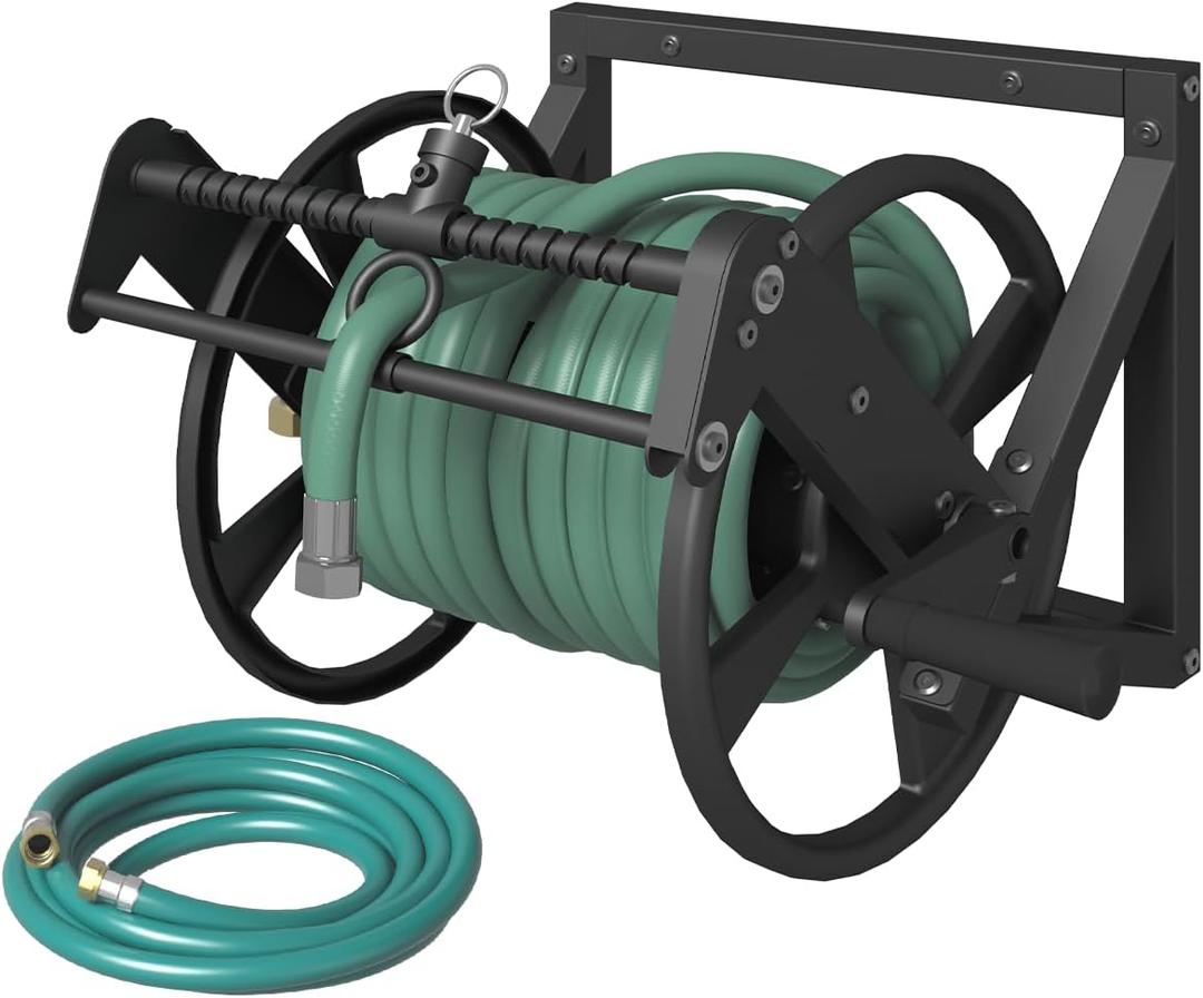 Artigarden Wall Mounted Reciprocating Garden Hose Reel with Hose Guide, Outdoor Heavy Duty Metal Water Hose Holder Storage Rack Holds 125ft of 5/8'' Hose with Brass Fitting & 3.9ft Leader Hose, Black
