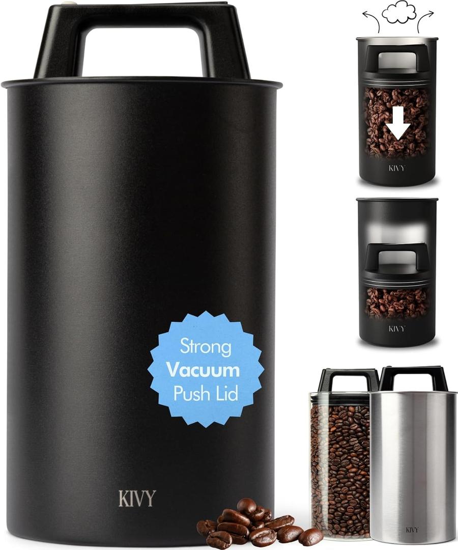 KIVY Vacuum Coffee Canister - Push Lid Preserves Coffee Aroma & Oil - Stainless Steel Airtight Coffee Canister - Container for Ground & Coffee Bean Storage - Coffee Storage Jar - Removes Excess Air (Medium, Black)