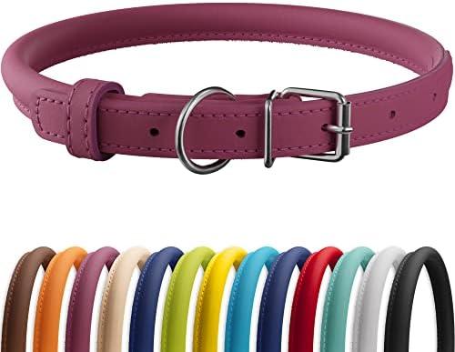 CollarDirect Rolled Leather Dog Collar, Soft Padded Round Puppy Collar, Handmade Genuine Leather Collar Dog Small Large Cat Collars 13 Colors (11-14 Inch, Pink Smooth)