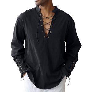Men's Cotton Linen Shirt Drawstring Arm Banded Tops Medieval Viking Pirate Renaissance Halloween Costume (4X-Large, Black)