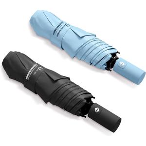 BAODINI Small UV Protection Travel Umbrella Compact for Rain and Sun UPF 50+ Windproof Portable 42 inch Umbrella for Women and Men (E-2 Pack Light Blue & Black)