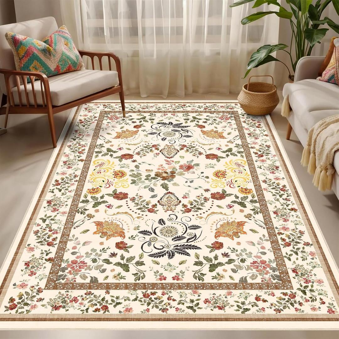 Washable Rugs 5x7 Vintage Floral Area Rug - Boho Floral Carpet for Living Room Bedroom Dining Room Kids Playroom Home Decor Non Slip Carpet - Brown (Multi 35)