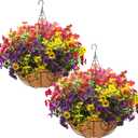 Grunyia 2 Set Artificial Outdoor Flowers with Hanging Basket, 2 Hanging Planters with 24 Pcs Flowers for Spring Summer Front Porch Garden Patio Home Decor