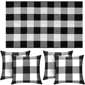 5 Pcs Outdoor Buffalo Plaid Decoration Set 4 Pcs 18x18 Buffalo Check Chair Pillow Covers 1 Cotton Plaid Door Rug for Door Front Porch Farmhouse Bedroom Decoration(Black and White)