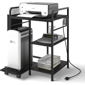Home Printer Stand with Charging Station, 24x18 Inches Stands for Large Printer, Printer Shredder Stand with Storage for Home Office, Table for Fax Machine/PC Tower (Black)