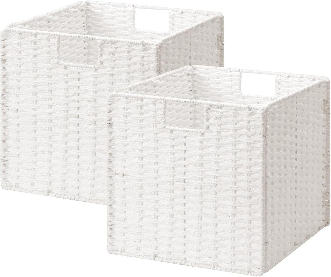 StorageWorks 13 inch Wicker Storage Baskets, Foldable Handwoven Wicker Basket for Organizing, Paper Rope Square Storage Cubes, White, 2 Pack