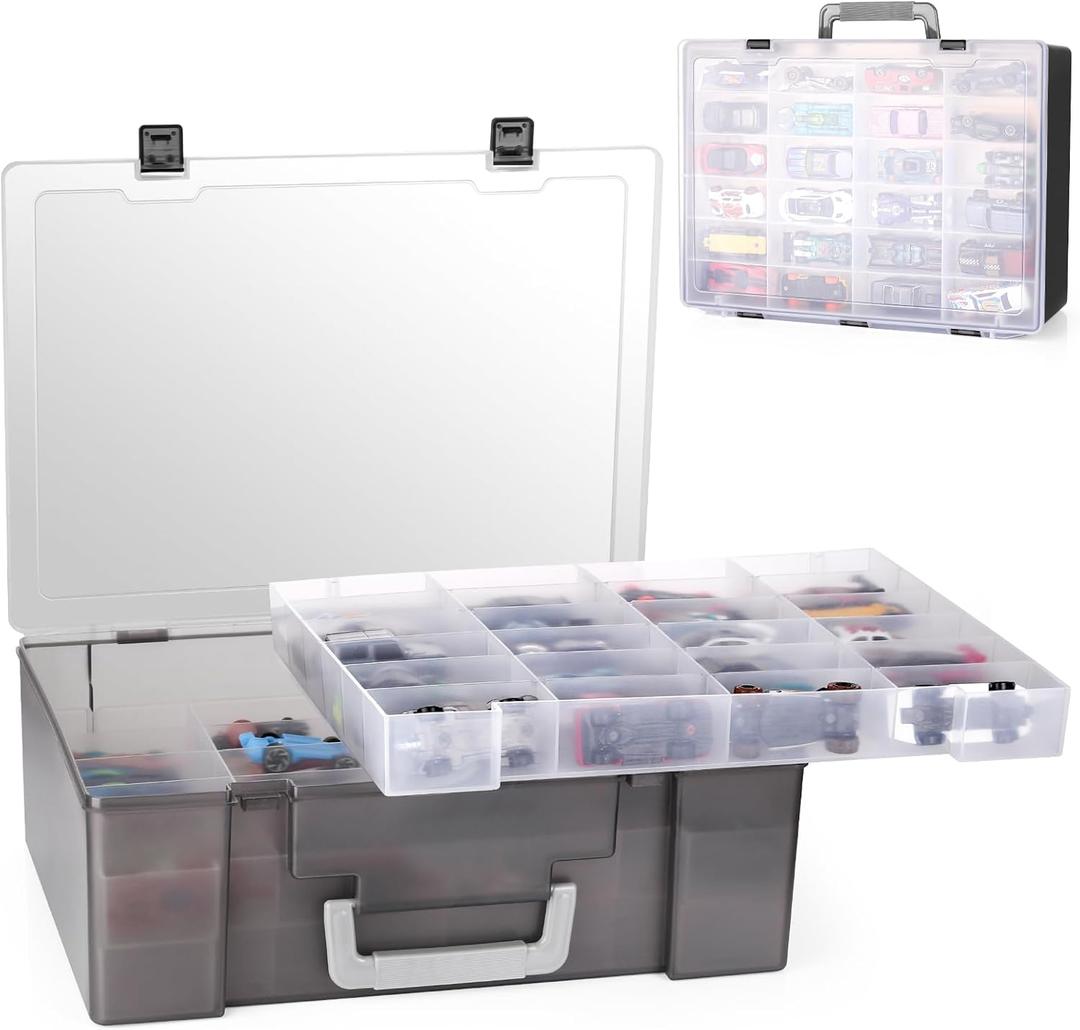 RHCOM Toy Organizer.72 Compartments.Toy Storage Box Compatible With Hot wheels Cars, Matchbox Cars,Mini Toys and Small Dolls.Toy Storage Display Case With 3 Layers of Removable Trays(Black)