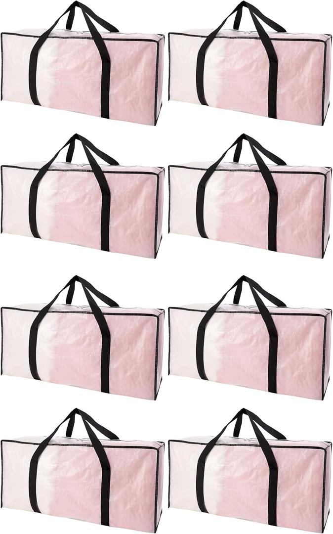PANDA JOYS Extra Large Moving Bags with Zippers & Carrying Handles, Heavy-Duty Storage Tote for Space Saving Moving Storage, Fold Flat, Alternative to Box and Bin - 8 Pack, Semi-Transparent