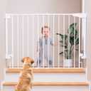 Cumbor 29.243" Baby Gate for Stairs, Wall-Mounted (Drill Required), Expandable No Bottom Bar Dog Gate, Auto Close Extra Wide Walk Thru, Pet & Toddler Proof Gate, Top & Bottom of Stairways (White)
