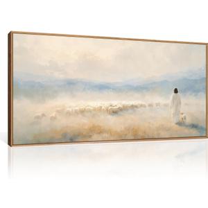 HOURIA Christian Jesus The Good Shepherd Framed Canvas Wall Art Set, Religious Jesus Leaves the 99 Sheep Wall Decor, Watercolor Neutral Landscape Artwork for Living Room,Prayer Room,Church- 20"x40"x1