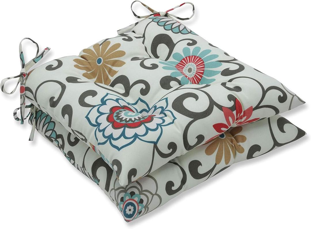 Pillow Perfect Bright Floral Indoor/Outdoor Tufted Wicker Chair Pad With Ties, 2 Count, 18.5" x 19", Blue/Brown Pom Pom Play