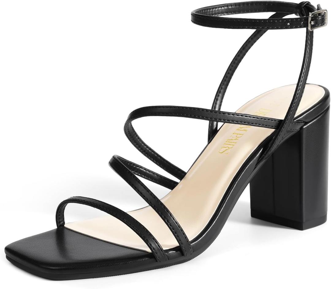 DREAM PAIRS Women's Heels Chunky Block Strappy Square Open Toe Ankle Buckle Heeled Sandals Wedding Party Dress Shoes Indie (8.5, Black)