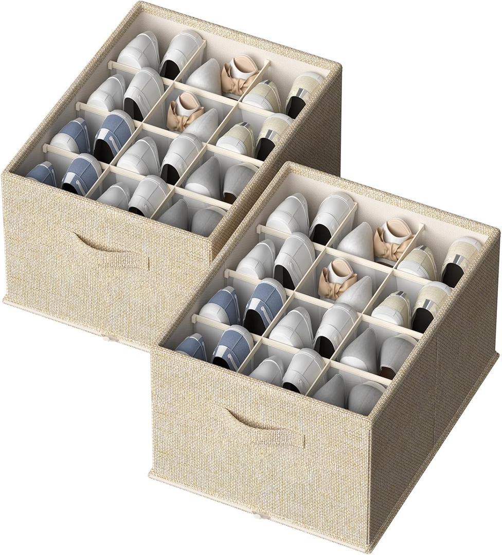 FHSQX 2 Pack Shoe Organizer for Closet,Foldable Shoe Organizer,Fits up to 24 Pairs,Storage Containers With Bottom Support for Shoes (16.5*12.6*9.5in, Beige)