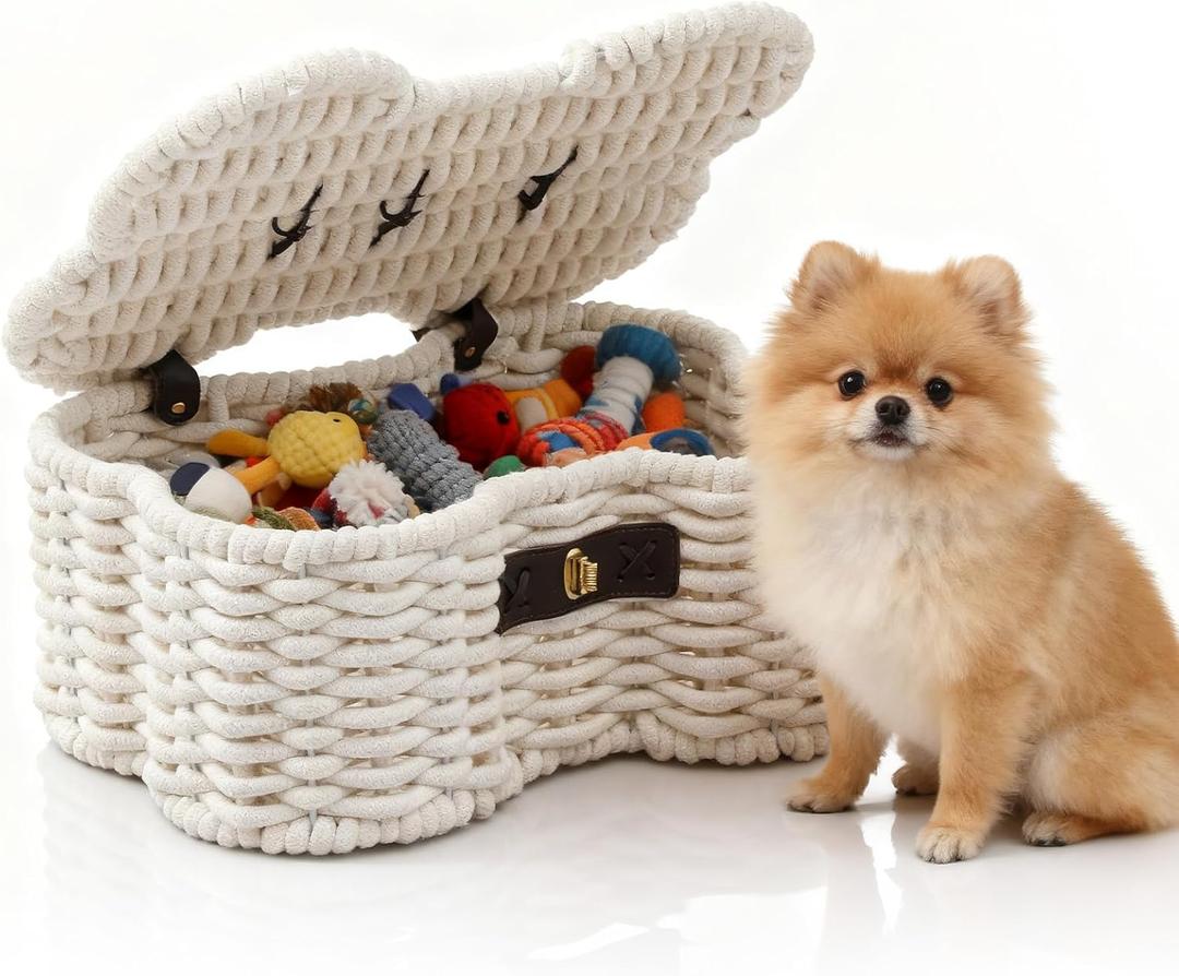 Cotton Rope Basket for Pet Toys, Bone Shaped Pet Toys Organizer, Handmade Dog Toy Bin, Woven Baskets for Storage,14.96 x 11.22 x 6.5 inch