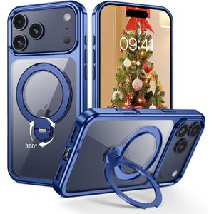 DOMAVER Magnetic for iPhone 17 Pro Case, with 360 Rotatable Invisible Ring Stand, [Compatible with MagSafe] Clear Back Plating Edge Shockproof Protective Phone Cover for 6.3inch, Deep Blue