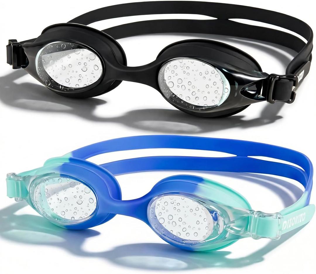 2 Pack Kids Swim Goggles for Toddlers 6-14(8-12), Anti-Fog UV Protection No Leak Swimming Glasses for Boys Girls (Black & Blue)
