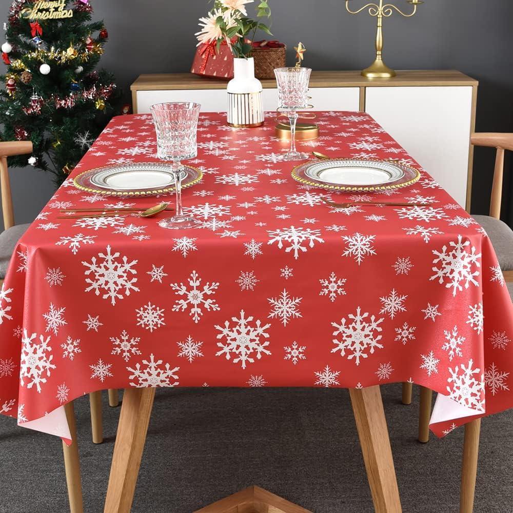 TruDelve Plastic Christmas Tablecloth Rectangle Red Vinyl Christmas Table Cloth Oblong Xmas Table Cover with Snowflake for Party (54'' x 108'', Snowflake)