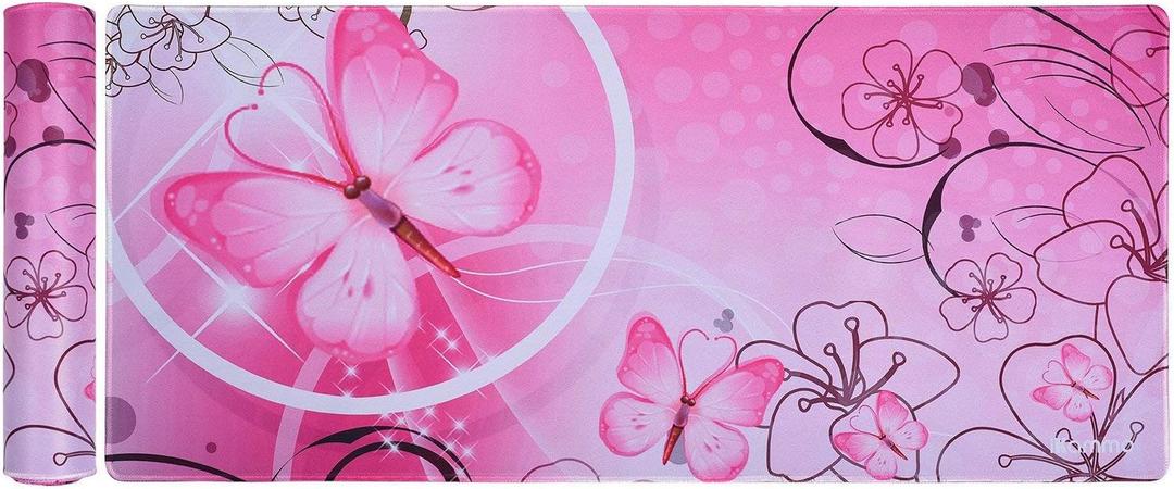 Large XXL Mat Gaming Mouse Pad Extended Full Desk Pad Pink Cute Mouse Pad with Waterproof Surface-Optimized Gaming Surface,Non-Slip Rubber Base Sticthed Edge Mousepad (35"x15.55"x0.08")-Pink Butterfly