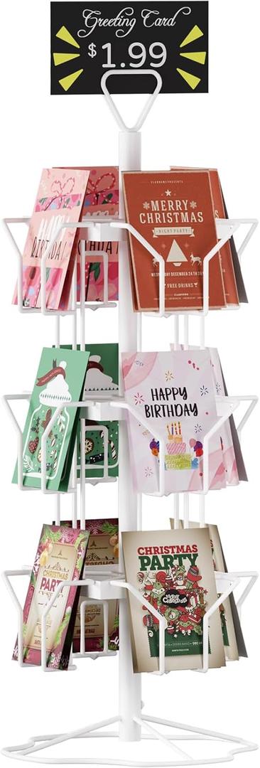 ORLESS Greeting Card Rack Display Stand, 3 Tier Rotating Card Holder Display Retail, 12 Pocket Metal Postcard Holder Display Stand, Greeting Card Holder for Postcards, Brochures, Stickers, Showcase(White)
