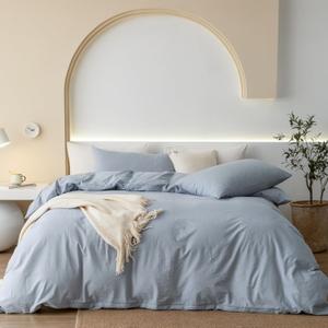 JIYUAN Queen Size Duvet Cover Set, 3-Piece - 100% Washed Cotton, Linen-Like Soft & Breathable with Zipper Closure, Includes 90x90 Inch Cover & 2 Pillowcases, Heathered Light Blue