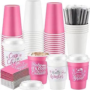 Layhit 100 Sets Christmas Disposable Coffee Cups 12oz Winter Snowman Hot Chocolate Cups with Lids for Hot Cold Tea Drinking Winter Birthday Wedding Holiday Party Favors(Pink and White)