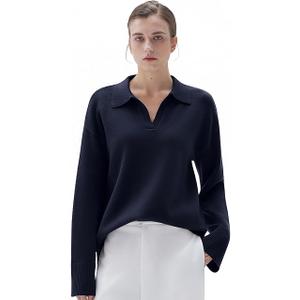 SUUKSESS Women Cashmere Oversized V Neck Pullover Sweaters Long Sleeve Collared Knit Jumper Tops (Medium, Navy Blue)