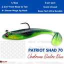 USA Bass Tackle Patriot Shad - Scent Infused Paddle Tail Swimbaits Pre Rigged Fishing Lures Premium Bait Strong Owner Hook, Fishing Gear for Bass Freshwater Predator Fish (1/4oz - 2.8", Chart Electric Blue)