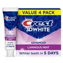 Crest 3D White Advanced Luminous Mint Teeth Whitening Toothpaste, Crest Toothpaste, 3.7 oz Pack of 4 - Helps Remove Surface Stains, Whitens Teeth, Strengthens Tooth Enamel, Protects Against Cavities