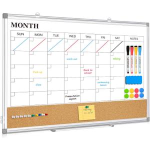 QUEENLINK Large Dry Erase Calendar for Wall, 36"x24" Double-Sided Magnetic Whiteboard Calendar with Cork Board, Aluminum Frame Monthly White Board Memo Message Board for Office, Home, School, Kitchen