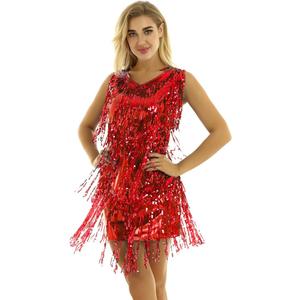 Women's V Neck Sparkly Sequins Flapper Dress Tassels Fringe Skirt Latin Tango Belly 1920s Modern Dancewear M