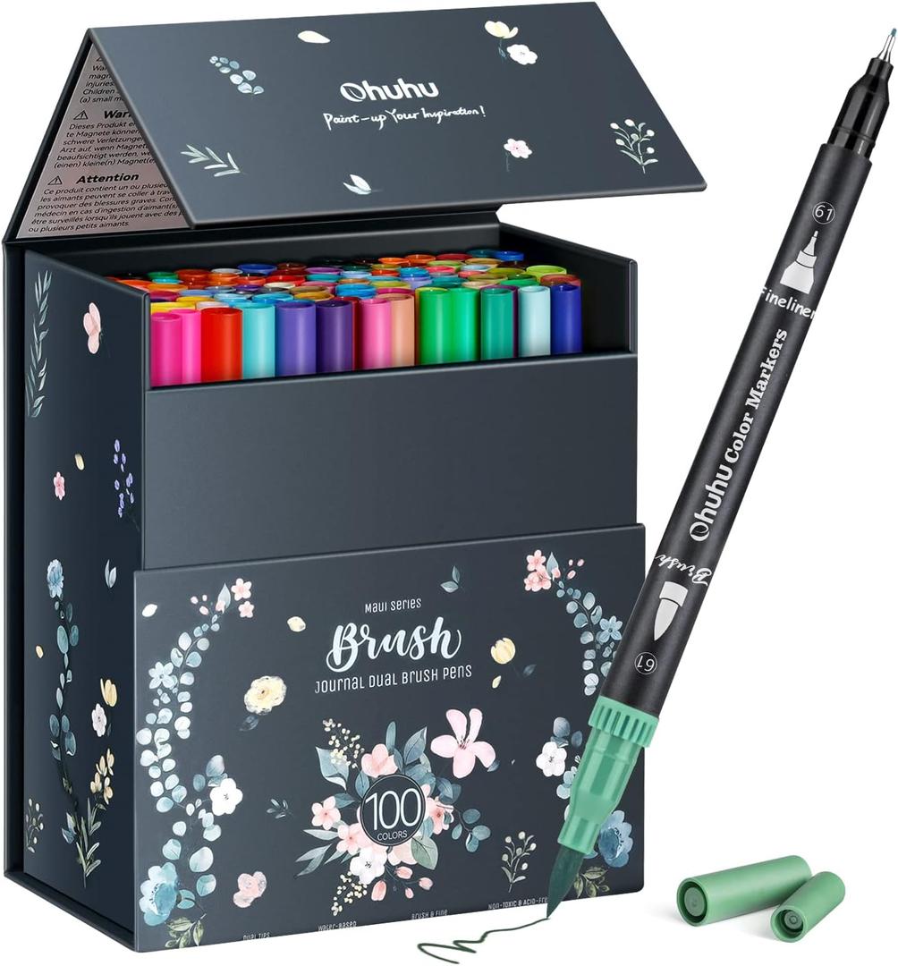 Ohuhu Colouring Pens 100 Colours Dual Tip Brush Pens Felt Tip Pens for Adults Artist, Professional Art Markers Fineliner for Colouring Drawing Calligraphy Sketching, Gifts