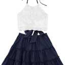 LYANER Women's 2 Piece Outfits Summer Lace Halter Cami Crop Top with Floral Mini Skirt Set (Navy Blue)