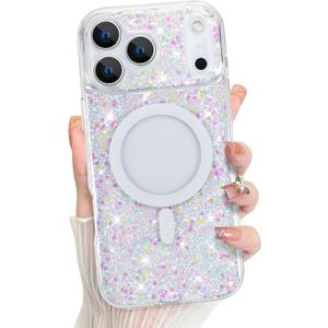 Bonoma for iPhone 17 Pro Max Case 2025 Sparkly Glitter Bling Back, Magnetic Support for MagSafe Shockproof, Crystal and Clear High-Duty Protection for Girls Women-Sparkly Glitter