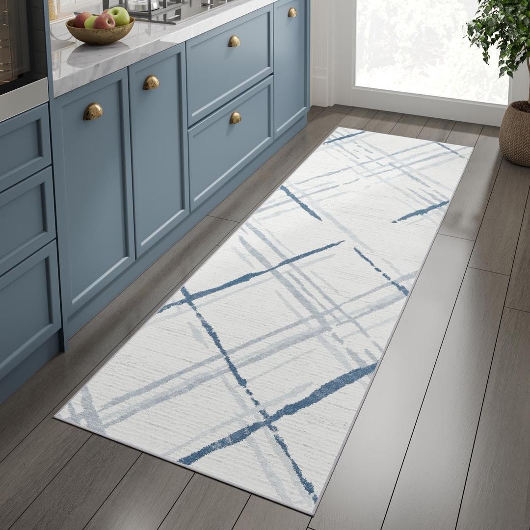 jinchan 2x5 Kitchen Runner Rug, Washable Abstract Geometric Grid Runner, Non-Slip Thin Accent Carpet for Hallway, Bedroom, Bathroom, Laundry Room, Living Room, Blue Lines (2' x 5' (Runner), Geo Blue)