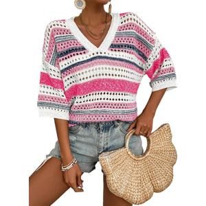 Acelitt Womens Short Sleeve Crochet Knit Sweater Hollow Out Striped Tops Beach Vacation Cruise Outfits (Pink, XS)