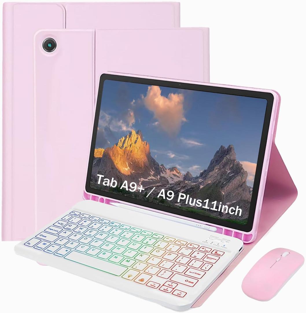 Keyboard Case for Samsung Galaxy Tab A11+ Plus / A9+ Plus 11 Inch, Lightweight Mouse Detachable Backlit Keyboard, Slim Stand Tablet Case with Pen Slot (Pink, A11+ Plus / A9+ Plus Case with Keyboard)