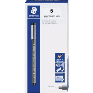 Staedtler Pigment Liner, Fineliner Pen for Drawing, Drafting, Journaling, 0.05mm, Black, Box of 5 Pens, 308 0059M