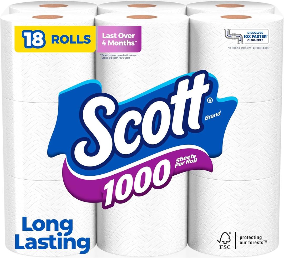 Scott 1000 Toilet Paper, 18 Rolls, Septic-Safe, 1-Ply Toilet Tissue